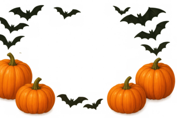 Halloween frame with pumpkins and flying bats on transparent background, ideal for spooky season designs