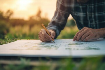 An architect or designer meticulously sketching a blueprint outdoors, bathed in the golden hour sunlight.