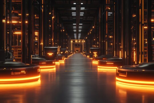 Futuristic automated warehouse with glowing orange robotic transport systems moving goods efficiently along a long corridor.