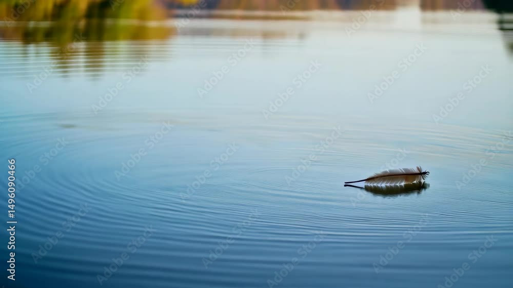 Poster feather floating gently on a serene lake surface, creating concentric ripples under soft, diffused l