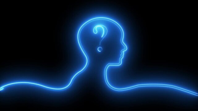  neon line Human head with question mark icon on black background. Neon glowing question mark with head icon.