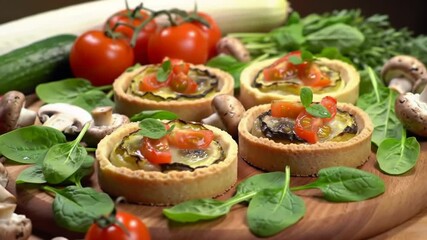 Delicious Vegetable Mini Tarts Displayed On Wooden Cutting Board Fresh Ingredients