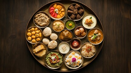 A variety of Indian dishes served on a decorative platter.