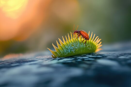 A tiny red beetle perched on a vibrant green sundew plant, bathed in warm sunset light.