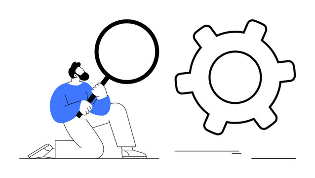 Man holding a magnifying glass near a large gear, symbolizing analysis, research, innovation, process optimization. Ideal for development, troubleshooting, workflow, engineering strategy discovery