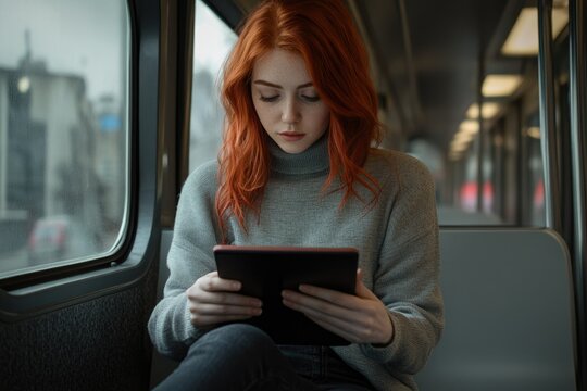 Young redhead woman uses tablet on a public transport, looking focused and engrossed in her device.