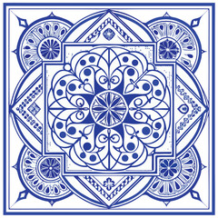 Blue Line Art Of Decorated Floor Tiles With Geomet