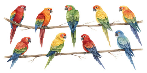 Watercolor Illustration of Colorful Macaws on a Branch, Exotic Bird Clipart, Wildlife Art on Black Background