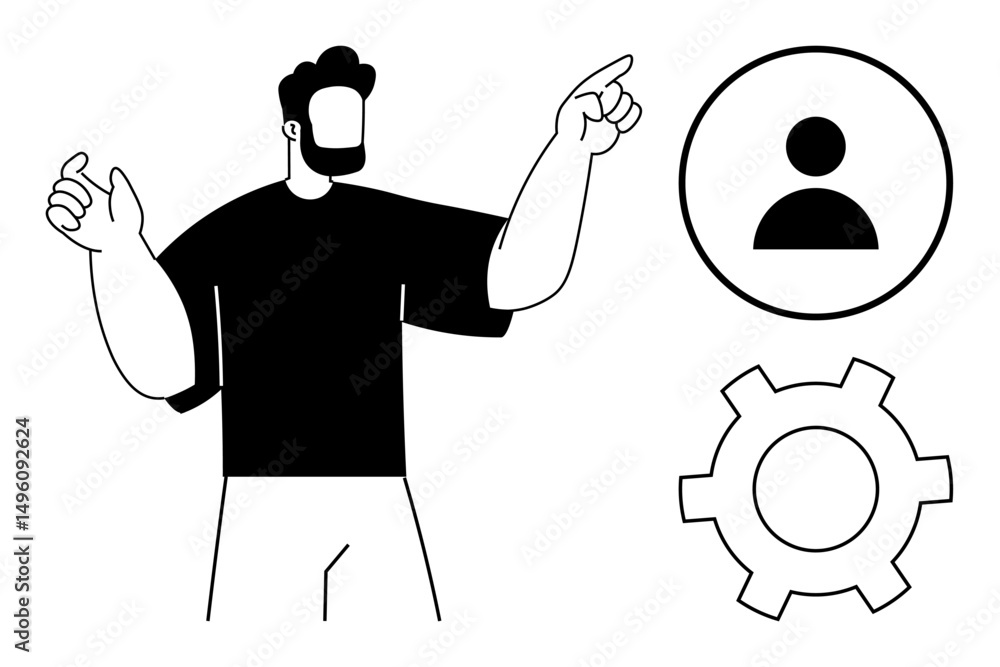 Poster person gesturing towards circular user profile and gear icons, implying customization, settings mana