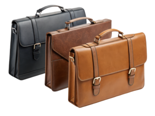Three leather briefcases isolated on transparent background