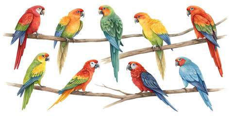 Watercolor Illustration of Colorful Macaw Parrots Perched on Branches Against a Black Background