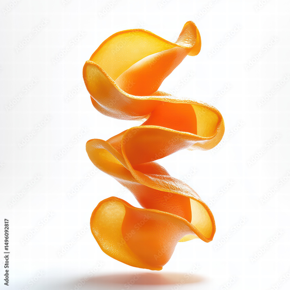 Poster floating orange slices: three vibrant orange slices, translucent and seemingly weightless, spiral up