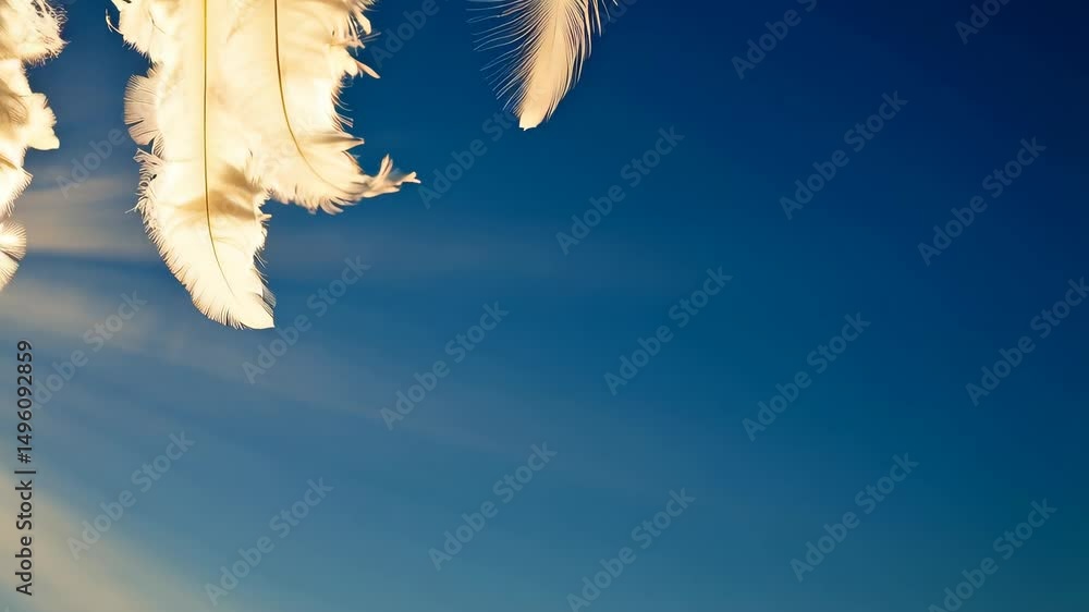 Poster feathers gently floating against a gradient blue sky with sunlight streaming through, creating a dre