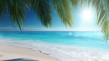 Fototapeta premium Stunning Tropical Beach Scene with Palm Leaves Framing Crystal Clear Waters and Bright Sun Over a Serene Seascape in Paradise