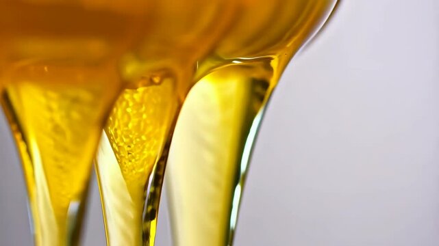 Close-up of translucent golden syrup dripping slowly, showing smooth and viscous texture, flowing gently
