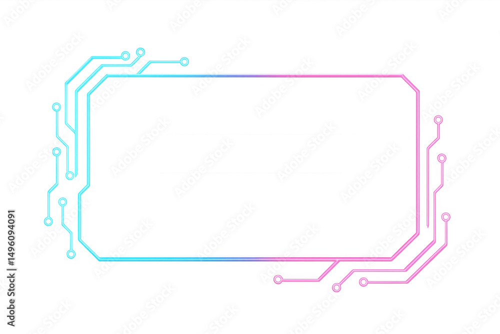 Poster neon pink and blue circuit board creating rectangular tech frame, highlighting digital connectivity 