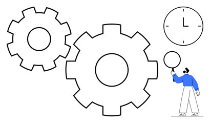 Man with giant gears and clock representing teamwork, planning, time management, productivity, creativity, problem-solving, process optimization. Ideal for workflow systems, goal setting simple