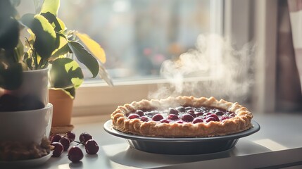 Freshly baked cherry pie warming on a windowsill.