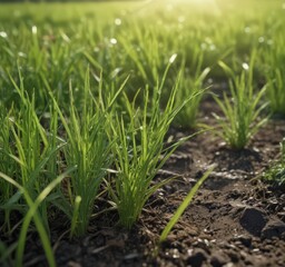 Obraz premium Newly sprouted grass, soft texture, sunlight filtering through , new growth, soft