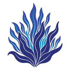 Blue Line Art Of Tropical Seaweed Plant On White B