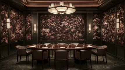 Elegant, dark dining room with floral wallpaper and rich d?cor.