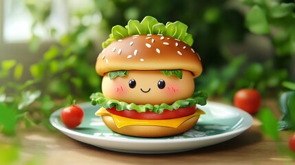 Cute cartoon hamburger on a plate.