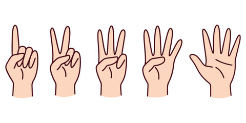 Compact version of hand signs from one to five with light skin tone. Perfect for small-format visual aids like posters, flashcards, and teaching materials in classrooms or kindergartens