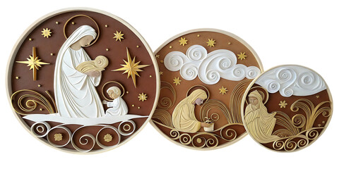 Paper Quilling Art Depicting The Life of Mary, Mother of Jesus, Including Nativity, Annunciation and Visitation, Set on Brown.