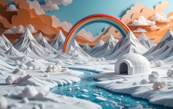 Toyland Arctic: A Papercraft Rainbow Over a Miniature Igloo & Snowy Peaks
