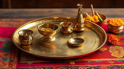 Gold-toned brassware arranged on a round tray.