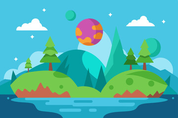 Naklejka premium Whimsical Fantasy Nature Dream World Landscape Background Vector Illustration Background