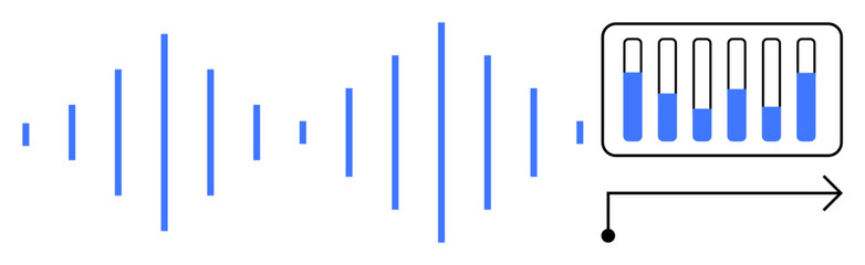 Soundwaves represented by blue lines, an equalizer with blue levels filling bars, and signal flow arrow. Ideal for technology, sound analysis, music, data visualization, audio processing, AI simple