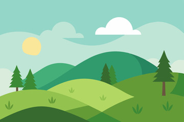 Obraz premium Clean Minimal Nature Landscape with Rolling Hills and Trees Wallpaper Vector Illustration Background