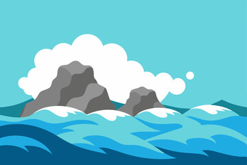 Powerful Ocean Waves Crashing on Dark Rocky Shoreline Background Vector Illustration Background