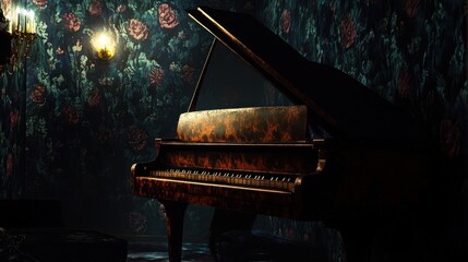 Vintage grand piano in a dimly lit room.