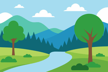 Obraz premium Tranquil Peaceful Nature Landscape Wallpaper with Lush Trees and Flowing River Vector Illustration Background