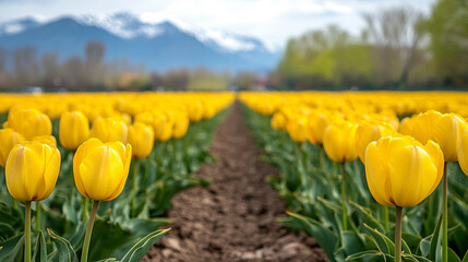 Bright tulip field in full bloom with a blurred dirt path leading toward distant mountains. Vivid yellow flowers and a fresh spring atmosphere with caption space, perfect for nature and travel themes.
