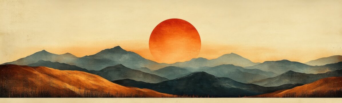 Sunset over a mountain range with a red sun banner