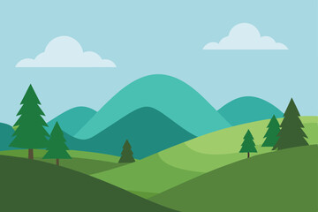 Obraz premium Clean Minimal Nature Landscape with Rolling Hills and Trees Wallpaper Vector Illustration Background