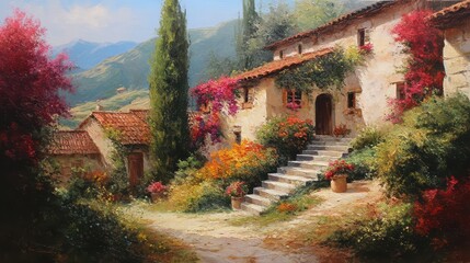 Obraz premium Charming Italian Villa Surrounded by Vibrant Gardens and Scenic Mountainscape, Perfect for Nature and Travel Enthusiasts