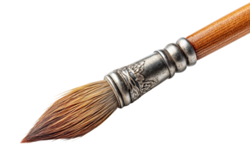 PNG Close-up of detailed wooden handled paintbrush with metal ferrule
