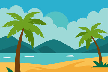 Fototapeta premium Idyllic Tropical Beach with Swaying Palm Trees and Clear Sky Wallpaper Vector Illustration Background
