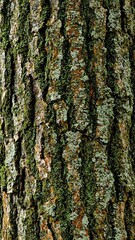Obraz premium Close up of tree bark with rich textures showcasing deep splits and vibrant green moss growth Perfect for nature backgrounds and environmental concepts