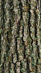 Fototapeta premium Close up of tree bark with rich textures showcasing deep splits and vibrant green moss growth Perfect for nature backgrounds and environmental concepts