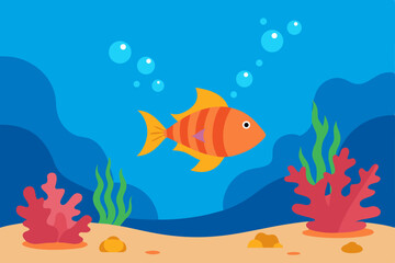 Fototapeta premium Vibrant Underwater Summer Life Scene with Colorful Fish and Coral Reef Vector Illustration Background