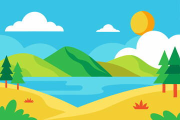 Beautiful AI Generated Summer Landscape in Soft Watercolor Style Vector Illustration Background