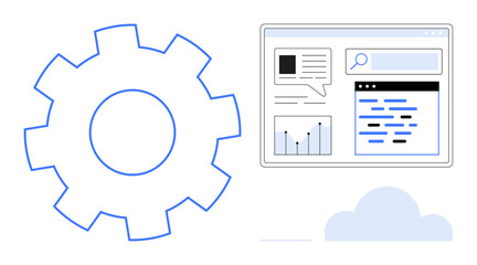 Gear for process optimization and a web browser window displaying graphs, search bar, and conversation bubble. Ideal for data analysis, process automation, digital marketing, software interface
