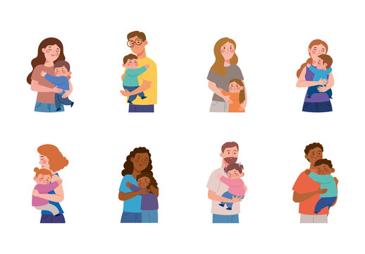 Colorful Hugging Family Kids And Adults Loving Embrace Illustration Design Set