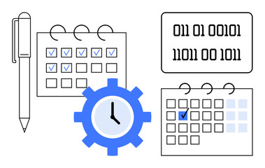 Pen beside ringed calendars with checkmarks, gear with clock, and binary code. Ideal for planning, scheduling, automation, productivity, time management digital transformation workflow. Flat simple