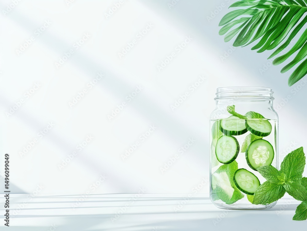 Aufkleber fresh cucumber and mint infusion in a glass jar with a minimalistic background and soft shadows